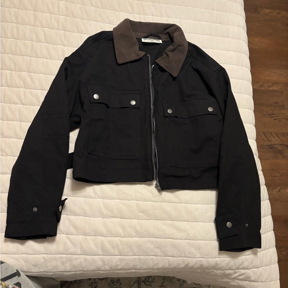 No Boundaries Black Jacket with Dark Brown Collar